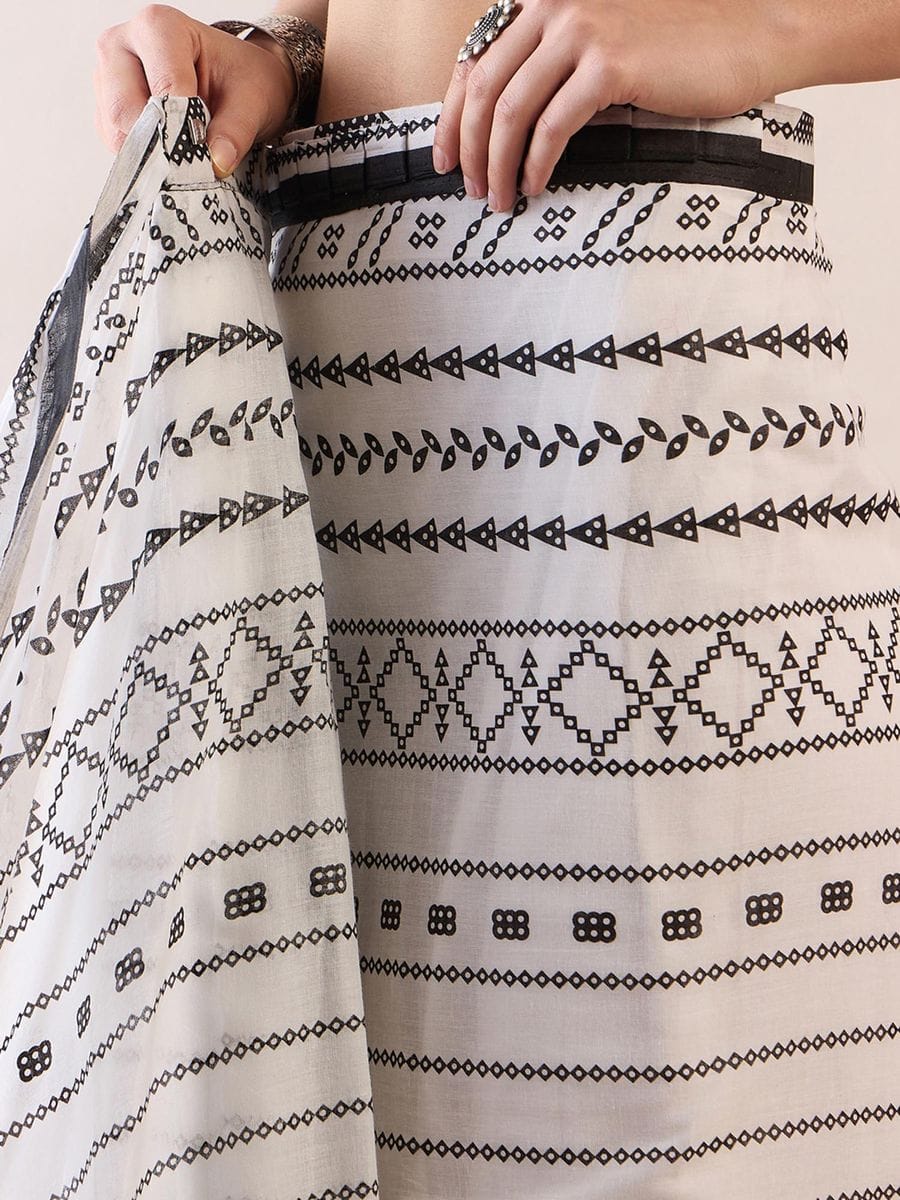 Refreshing White 1 Minute Ready To Wear Mul Cotton Digital Printed Saree With Pocket