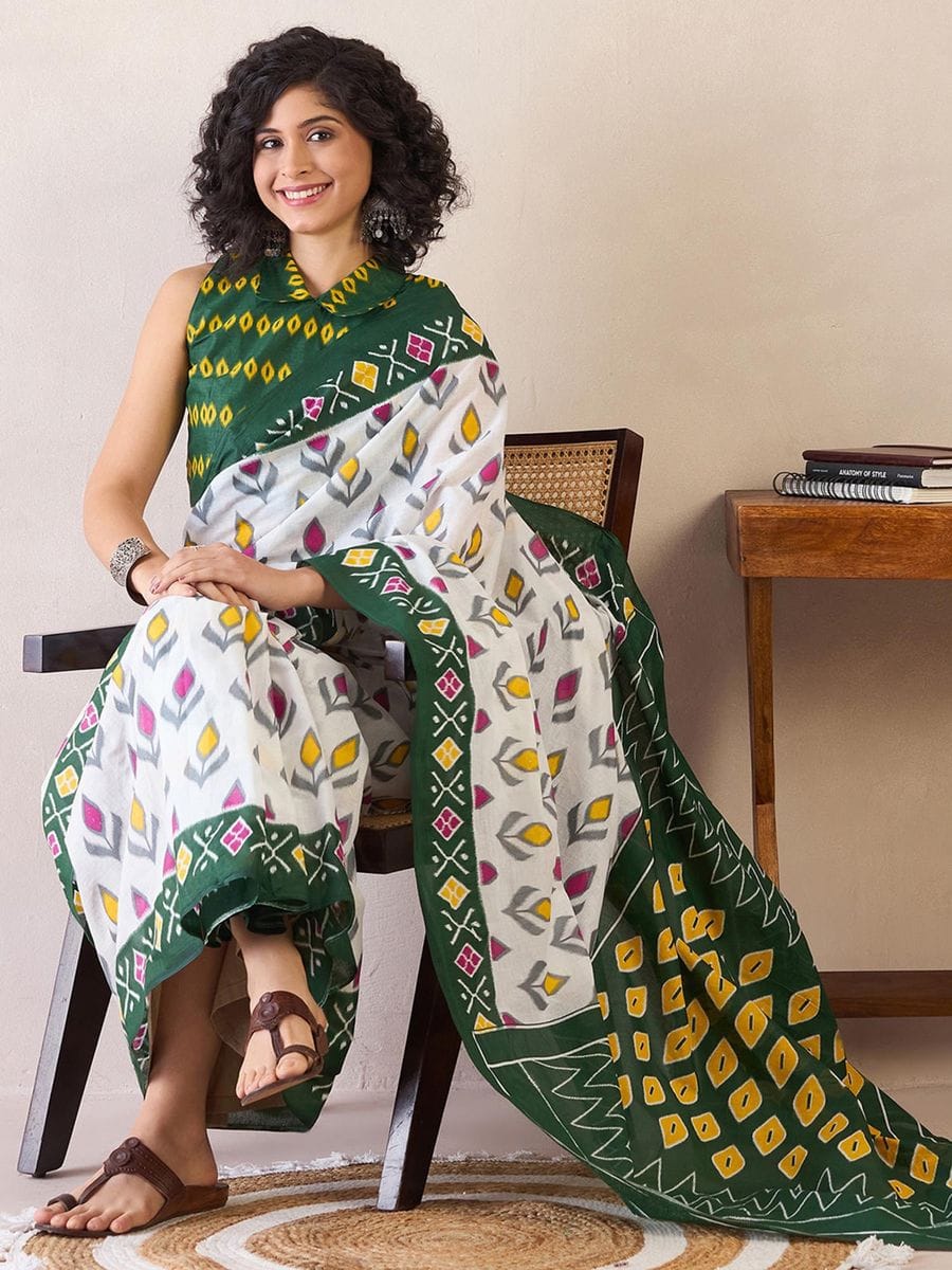 Seraglio White 1 Minute Ready To Wear Mul Cotton Digital Printed Saree With Pocket
