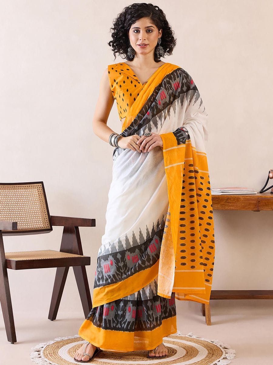 Trendy White 1 Minute Ready To Wear Mul Cotton Digital Printed Saree With Pocket