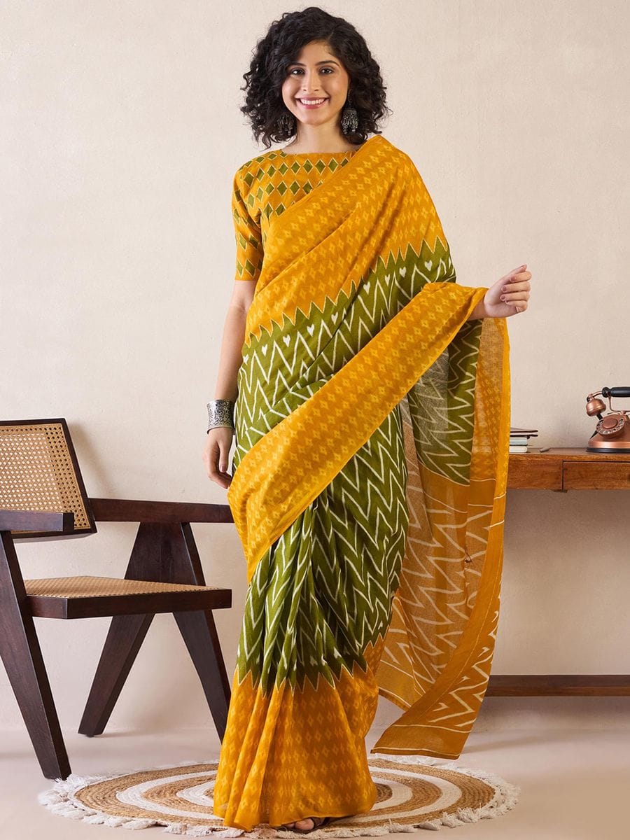 Adorning Green Snd Yellow 1 Minute Ready To Wear Mul Cotton Digital Printed Saree With Pocket