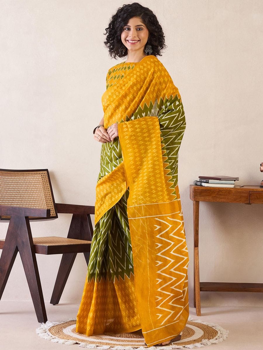 Adorning Green Snd Yellow 1 Minute Ready To Wear Mul Cotton Digital Printed Saree With Pocket