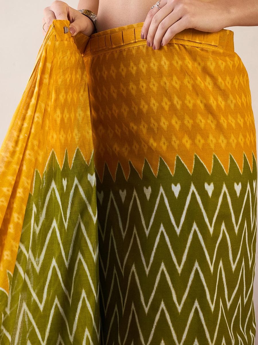 Adorning Green Snd Yellow 1 Minute Ready To Wear Mul Cotton Digital Printed Saree With Pocket