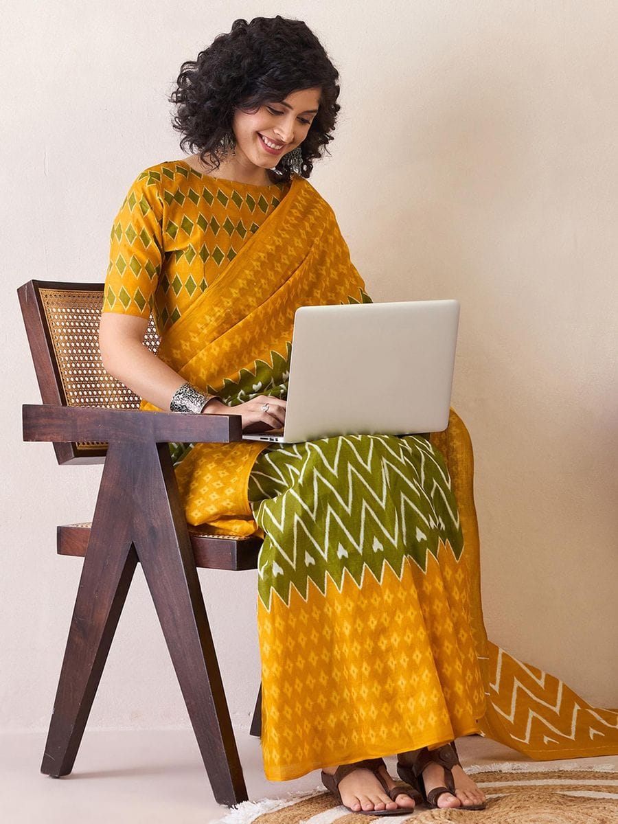 Adorning Green Snd Yellow 1 Minute Ready To Wear Mul Cotton Digital Printed Saree With Pocket