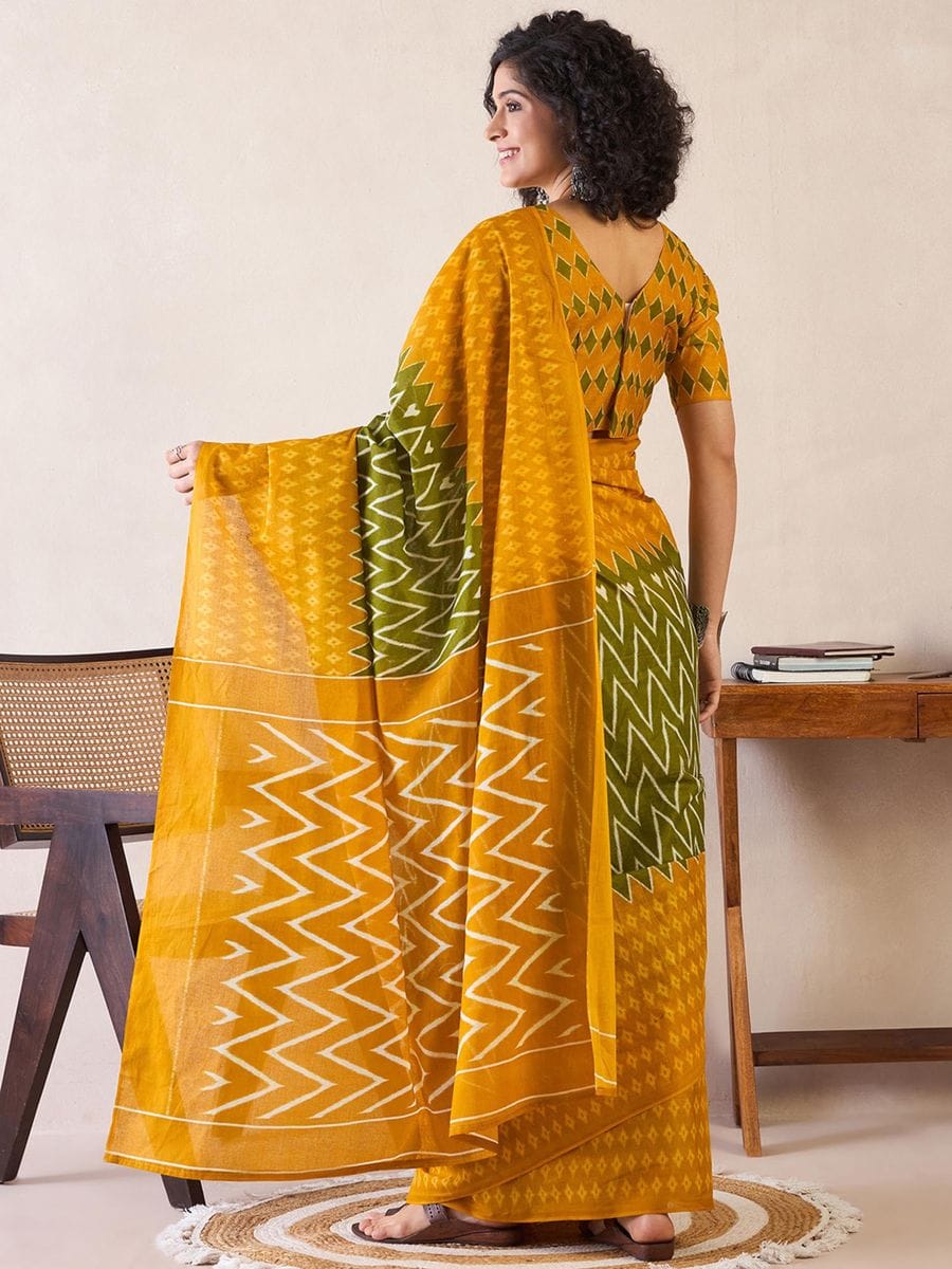 Adorning Green Snd Yellow 1 Minute Ready To Wear Mul Cotton Digital Printed Saree With Pocket
