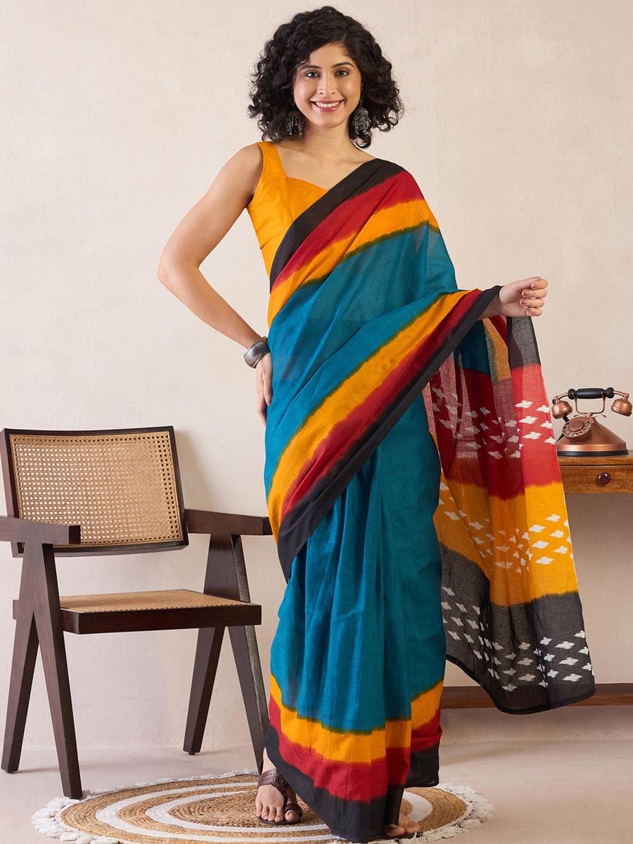 Blooming Blue 1 Minute Ready To Wear Mul Cotton Digital Printed Saree With Pocket