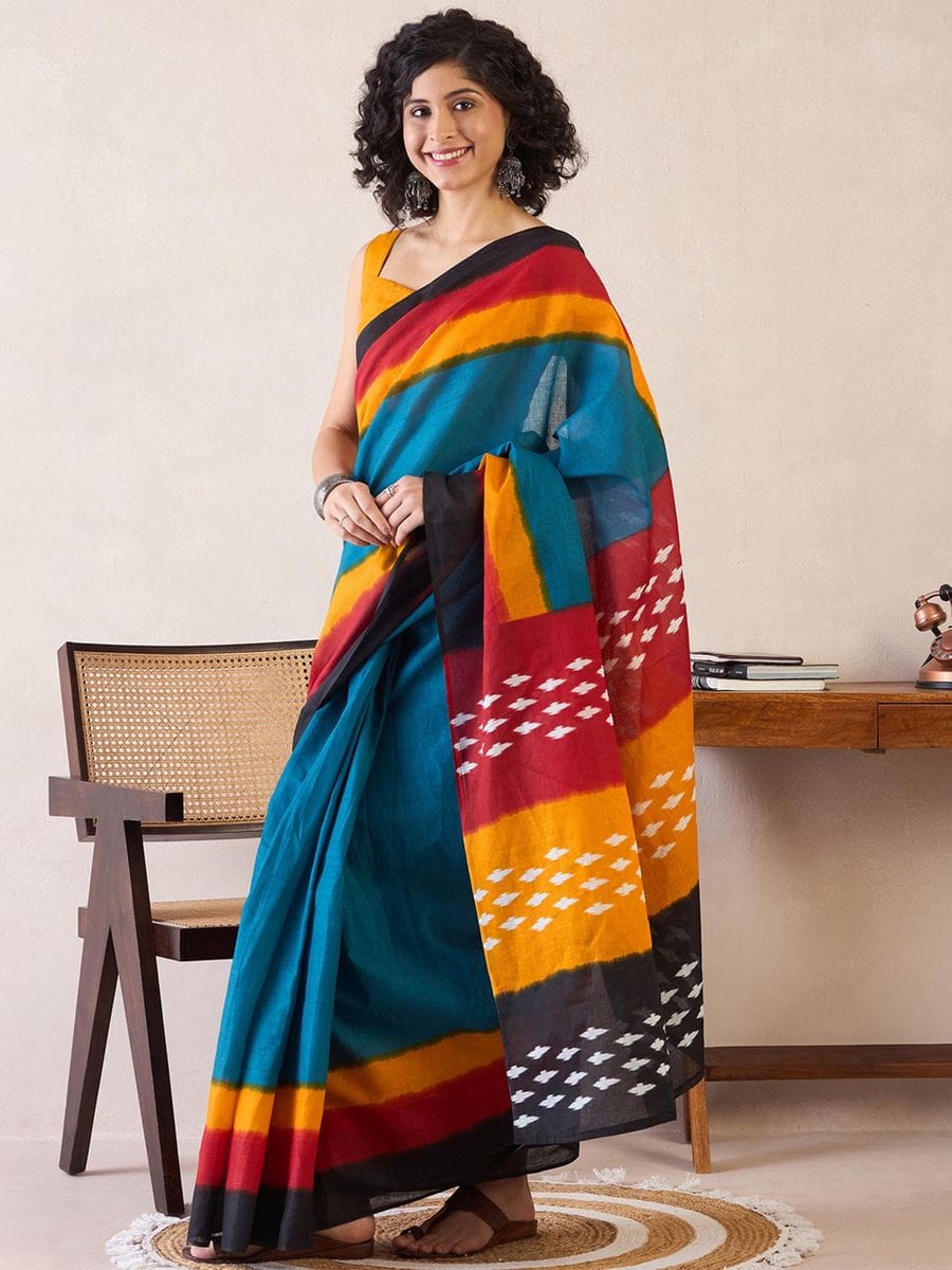 Blooming Blue 1 Minute Ready To Wear Mul Cotton Digital Printed Saree With Pocket