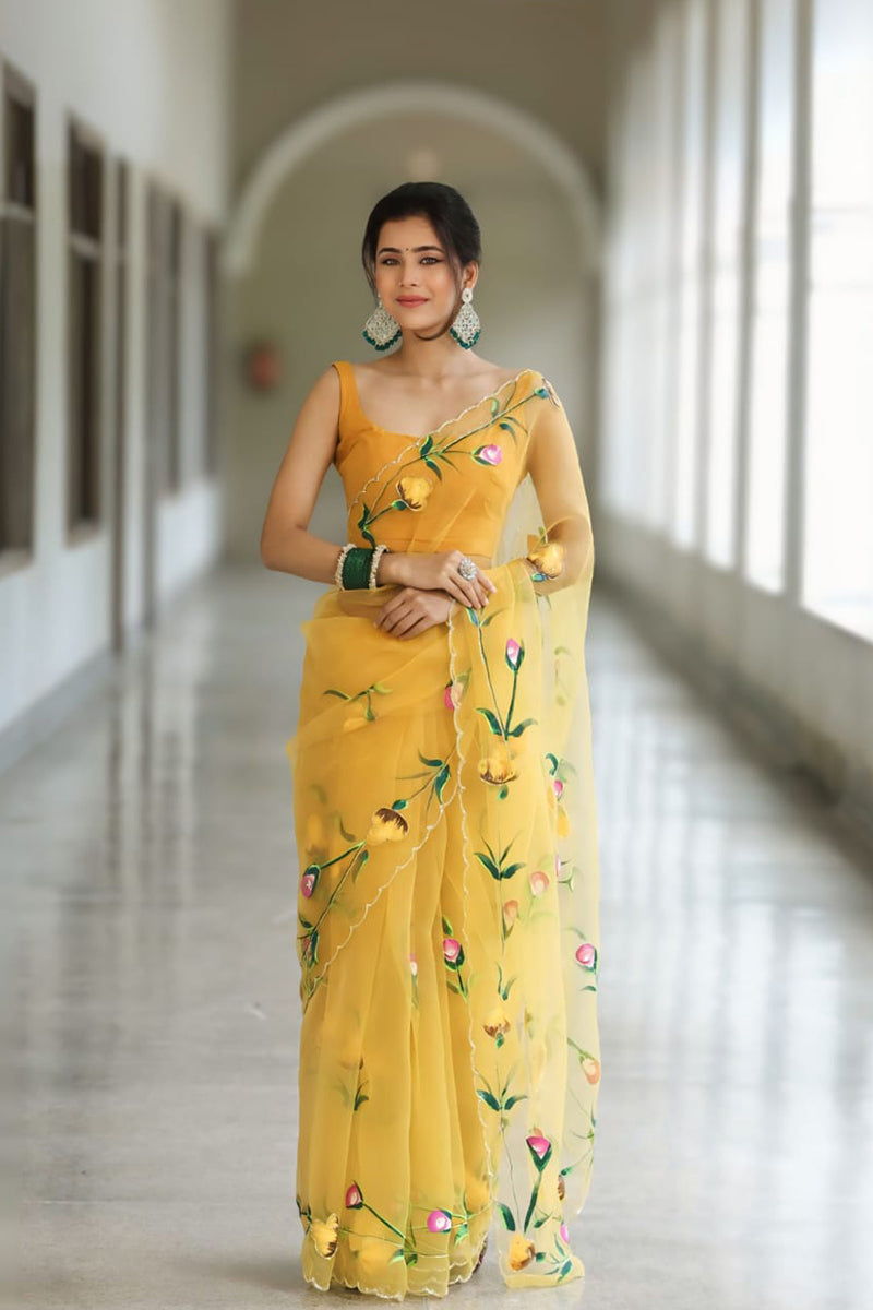 Precious Yellow 1 Minute Ready To Wear Premium Organza Saree
