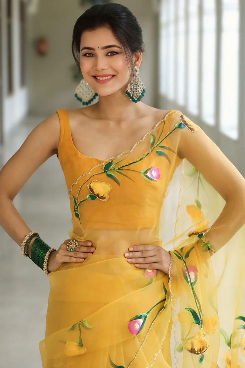 Precious Yellow 1 Minute Ready To Wear Premium Organza Saree