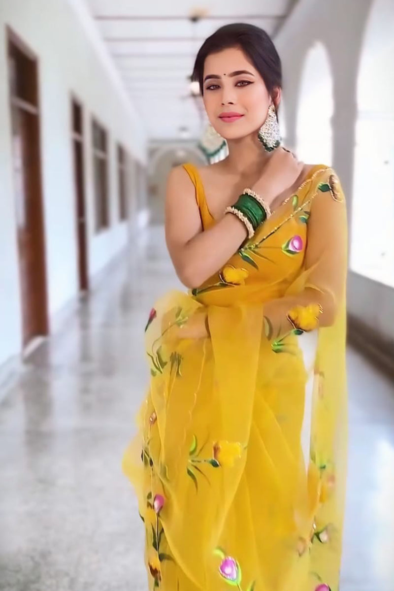 Precious Yellow 1 Minute Ready To Wear Premium Organza Saree