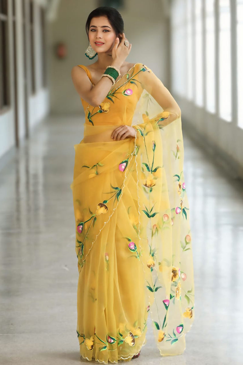 Precious Yellow 1 Minute Ready To Wear Premium Organza Saree