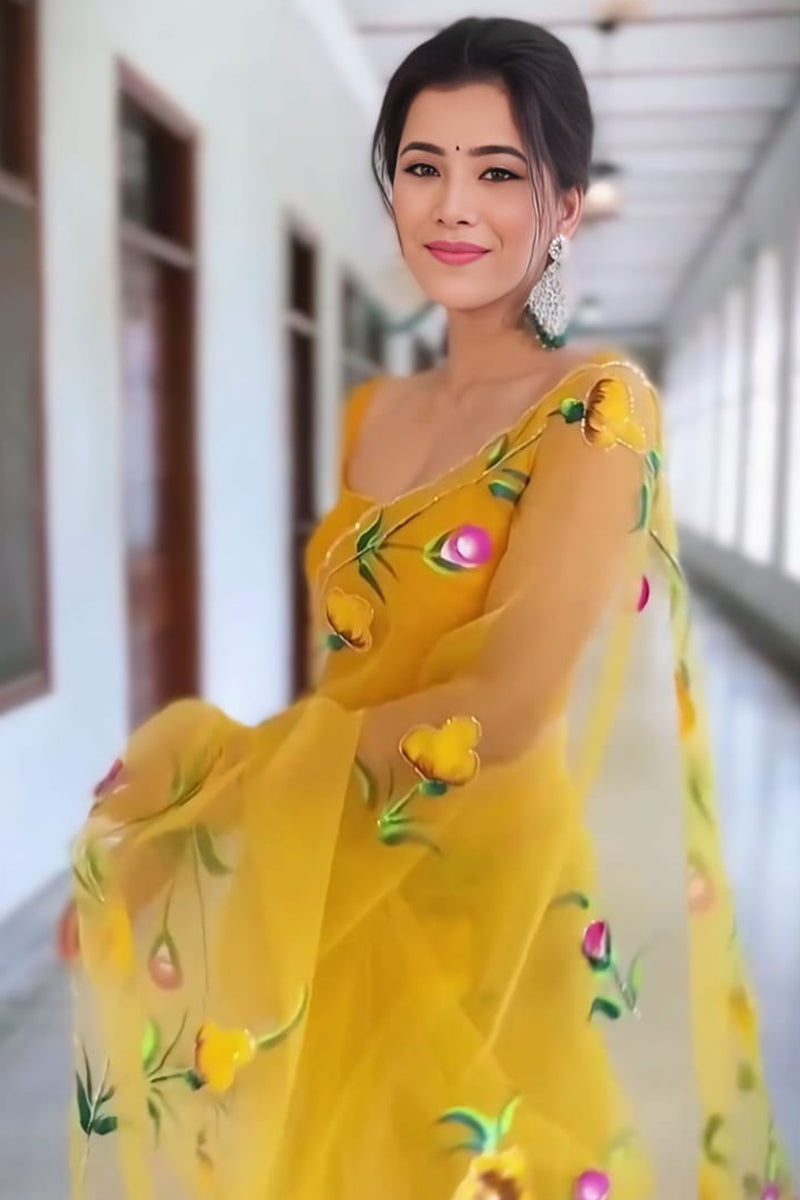 Precious Yellow 1 Minute Ready To Wear Premium Organza Saree