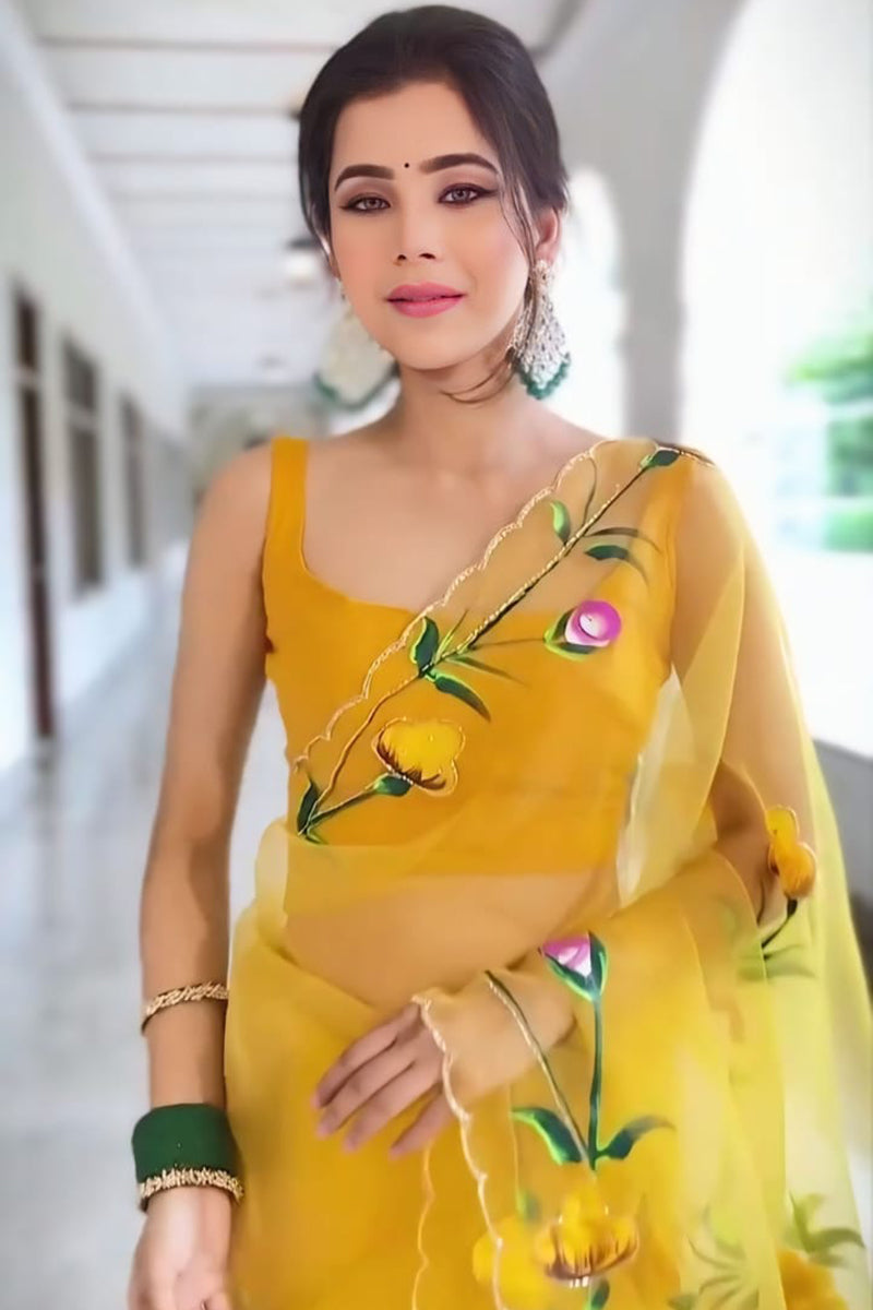 Precious Yellow 1 Minute Ready To Wear Premium Organza Saree