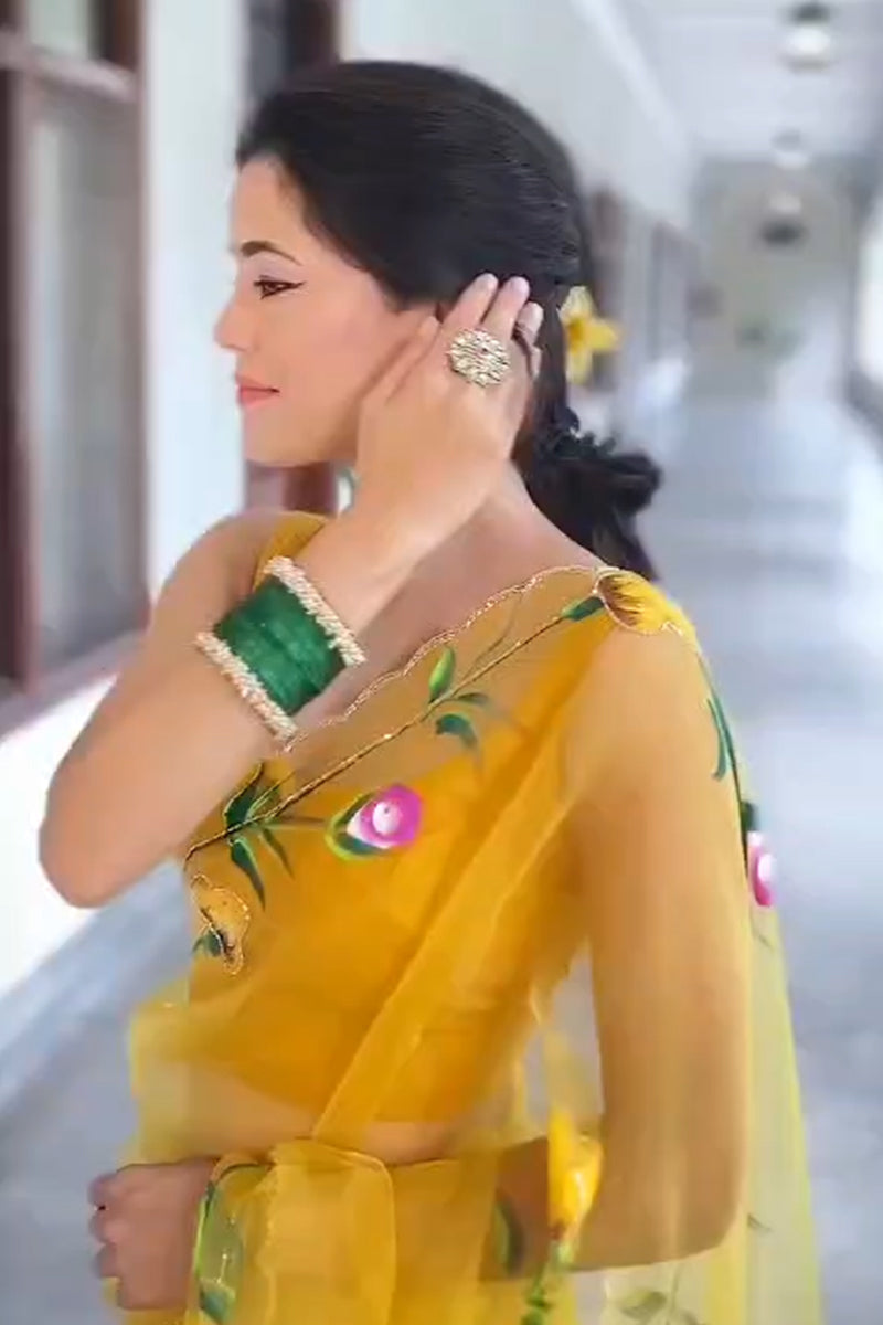 Precious Yellow 1 Minute Ready To Wear Premium Organza Saree