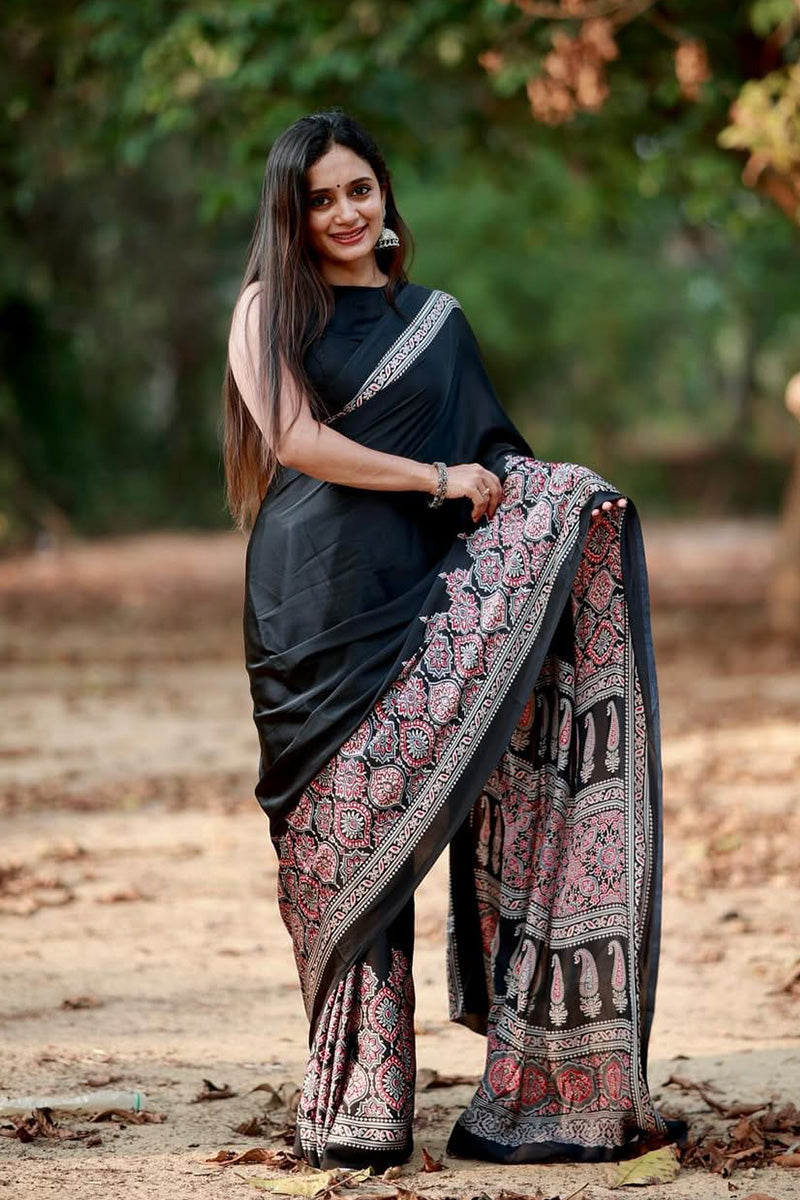 Sizzling Black 1 Minute Ready To Wear Premium Crape Silk Saree