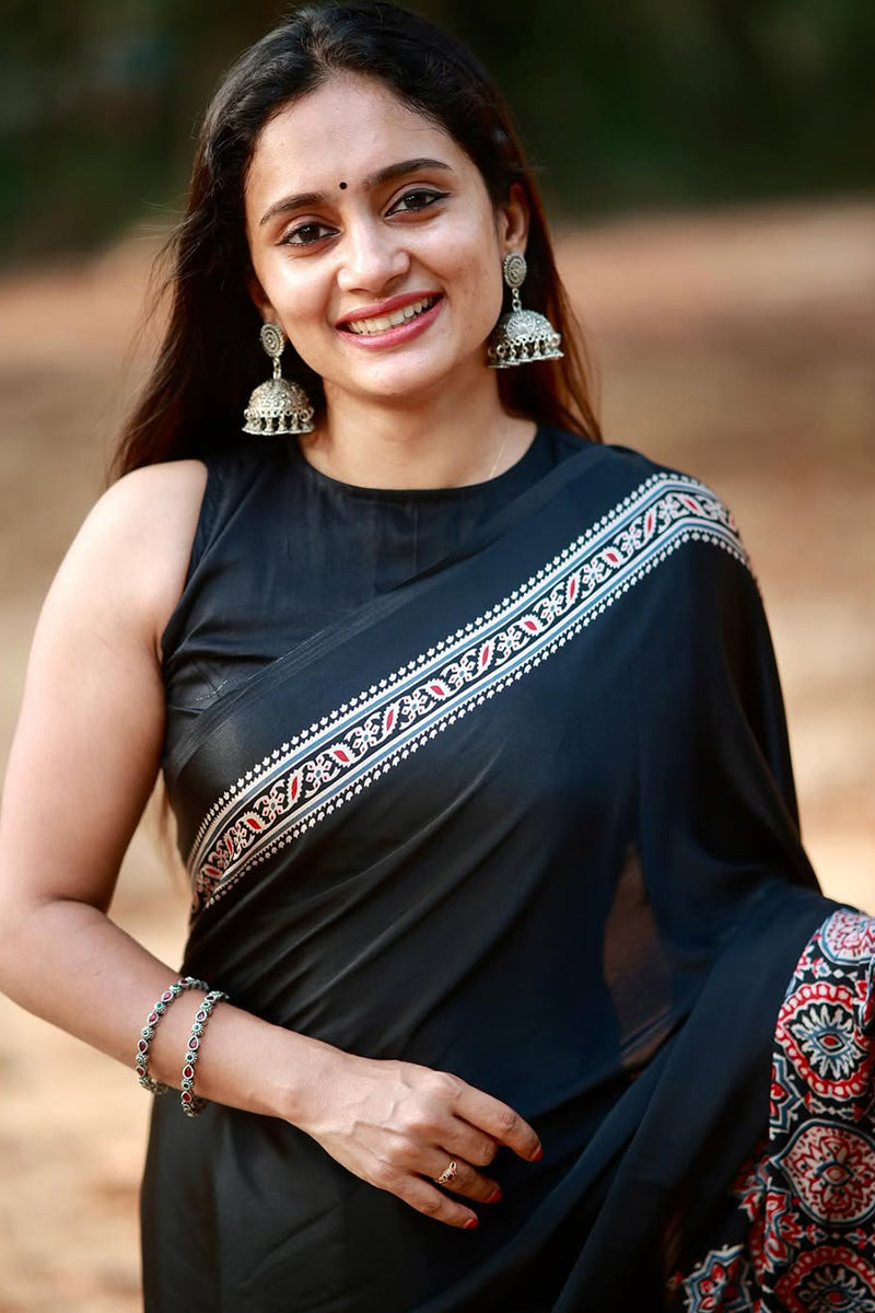 Sizzling Black 1 Minute Ready To Wear Premium Crape Silk Saree