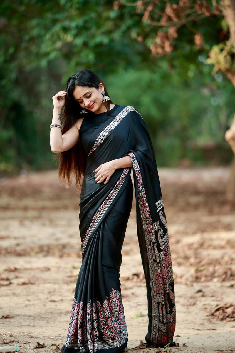 Sizzling Black 1 Minute Ready To Wear Premium Crape Silk Saree