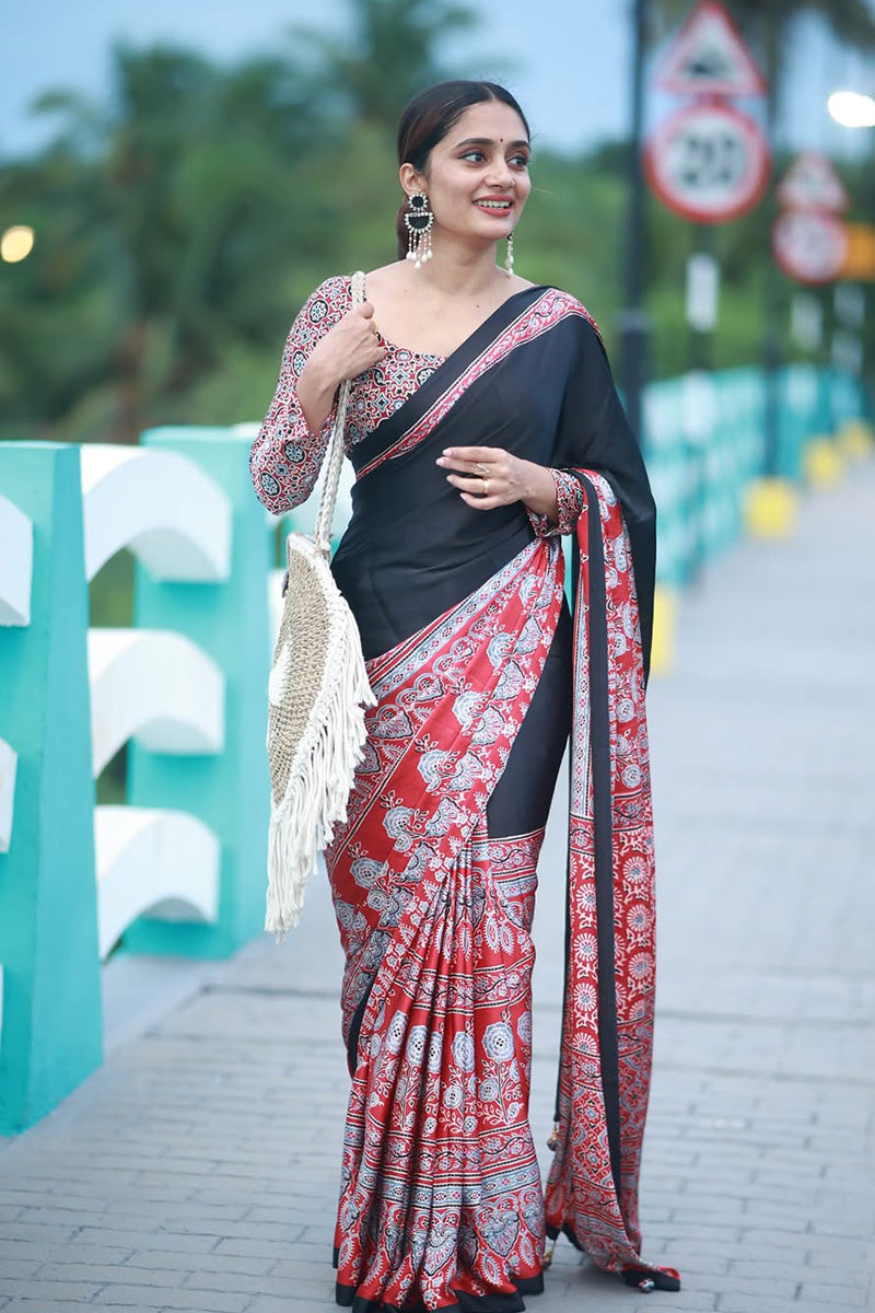 Alluring Black And Red 1 Minute Ready To Wear Premium Crape Silk Saree