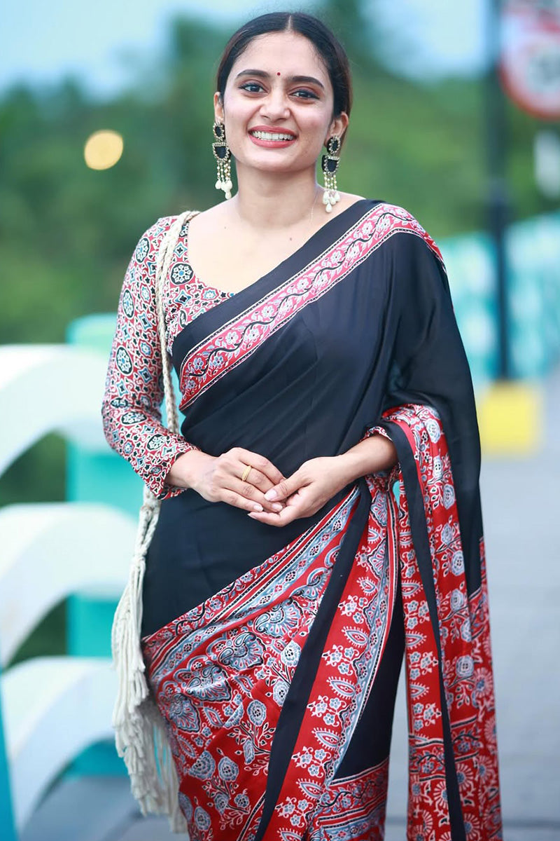 Alluring Black And Red 1 Minute Ready To Wear Premium Crape Silk Saree