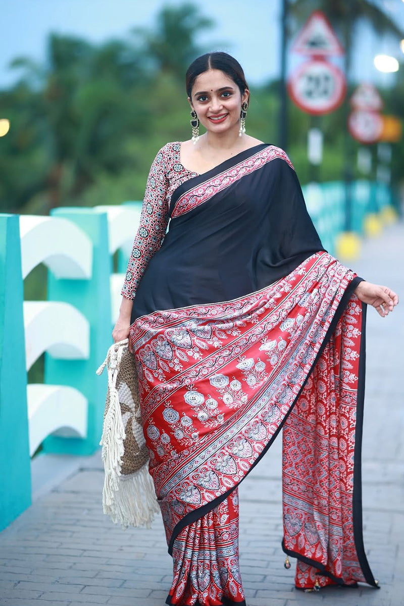 Alluring Black And Red 1 Minute Ready To Wear Premium Crape Silk Saree