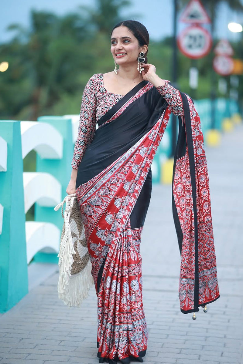 Alluring Black And Red 1 Minute Ready To Wear Premium Crape Silk Saree