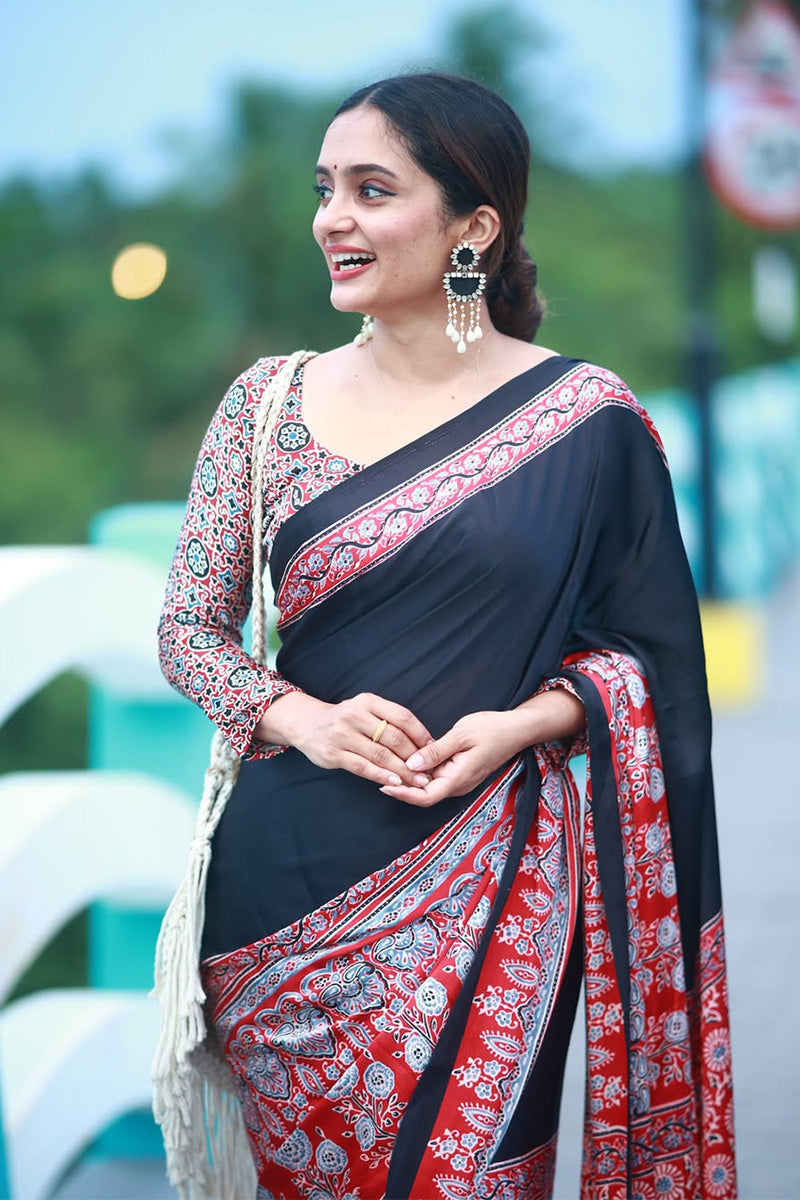 Alluring Black And Red 1 Minute Ready To Wear Premium Crape Silk Saree