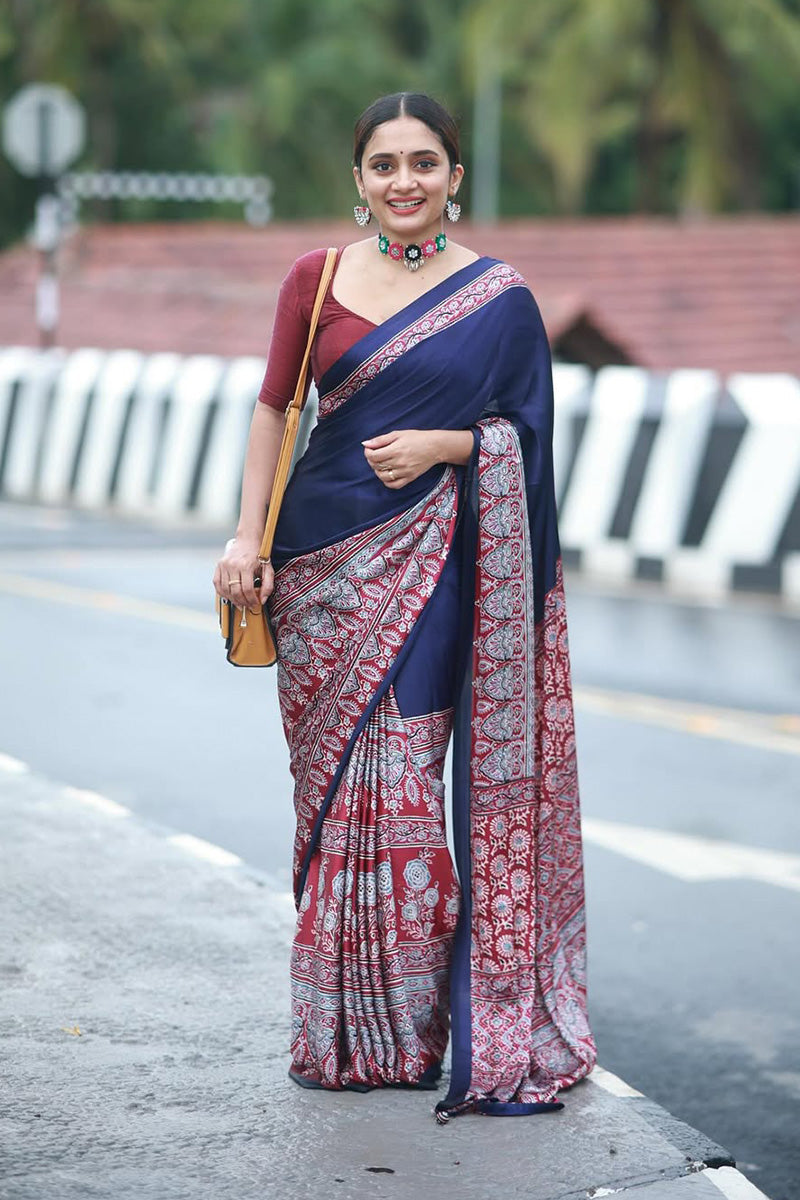 Conflate Navy Blue And Red 1 Minute Ready To Wear Premium Crape Silk Saree