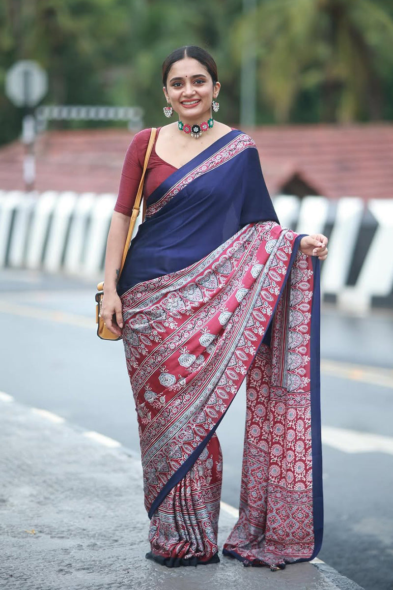 Conflate Navy Blue And Red 1 Minute Ready To Wear Premium Crape Silk Saree