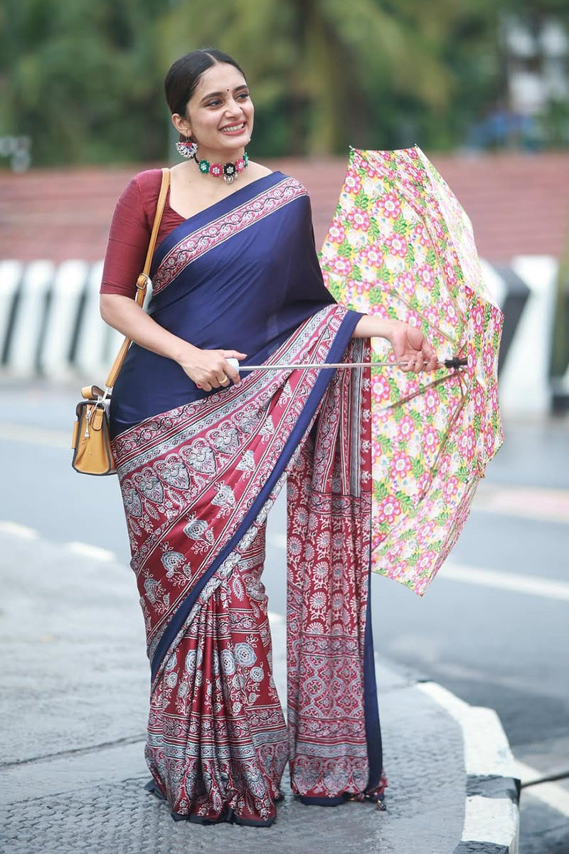 Conflate Navy Blue And Red 1 Minute Ready To Wear Premium Crape Silk Saree
