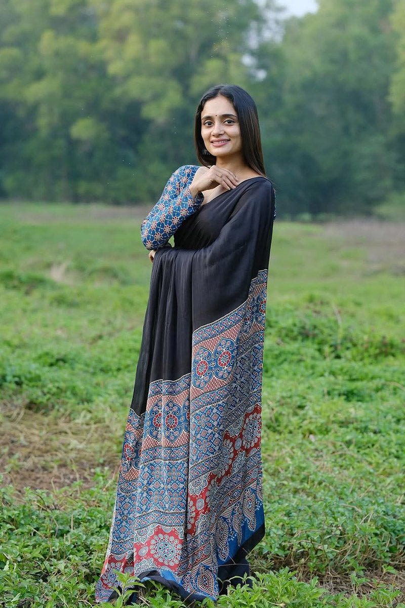 Eloquence Black 1 Minute Ready To Wear Premium Crape Silk Saree