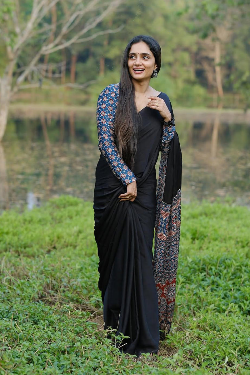 Eloquence Black 1 Minute Ready To Wear Premium Crape Silk Saree