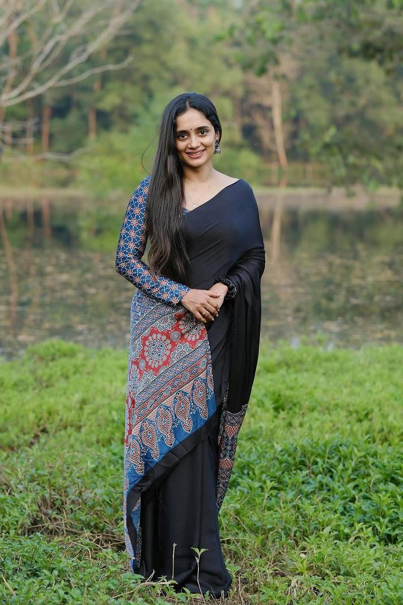 Eloquence Black 1 Minute Ready To Wear Premium Crape Silk Saree