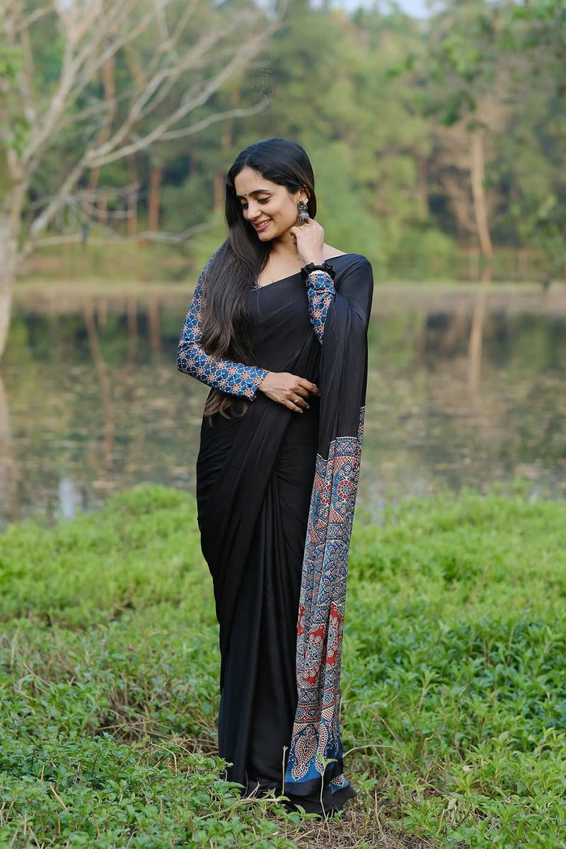 Eloquence Black 1 Minute Ready To Wear Premium Crape Silk Saree