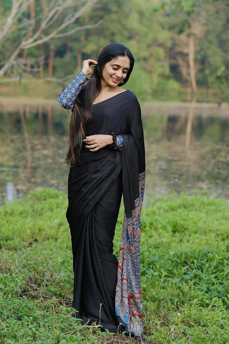Eloquence Black 1 Minute Ready To Wear Premium Crape Silk Saree
