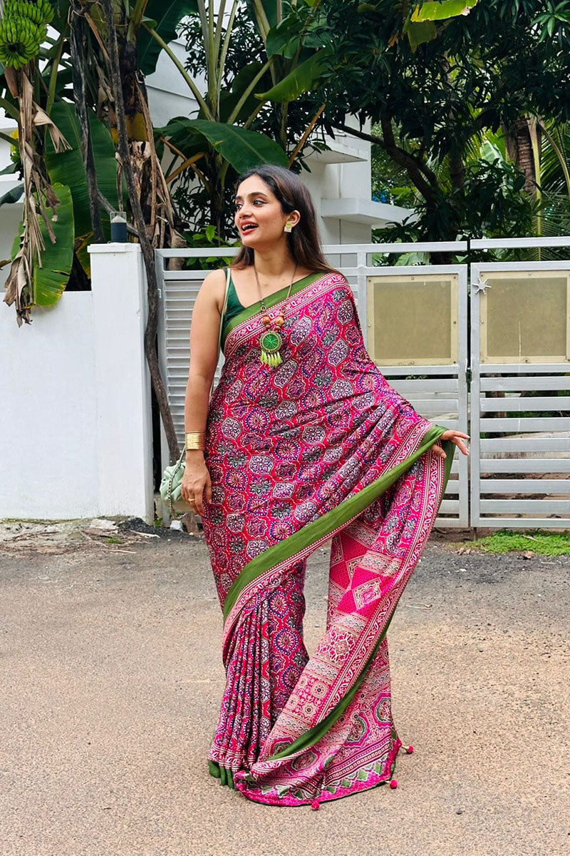 Wonderful Dark Pink 1 Minute Ready To Wear Digital Printed Premium Crape Silk Saree