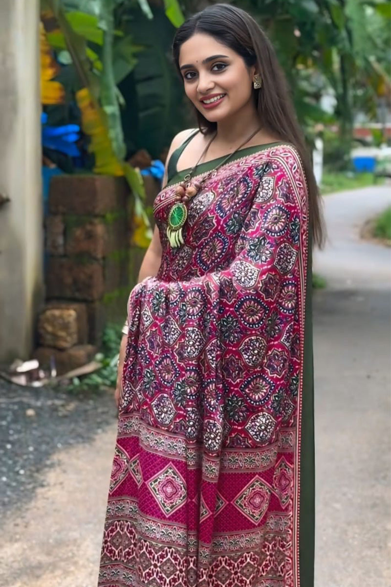 Wonderful Dark Pink 1 Minute Ready To Wear Digital Printed Premium Crape Silk Saree