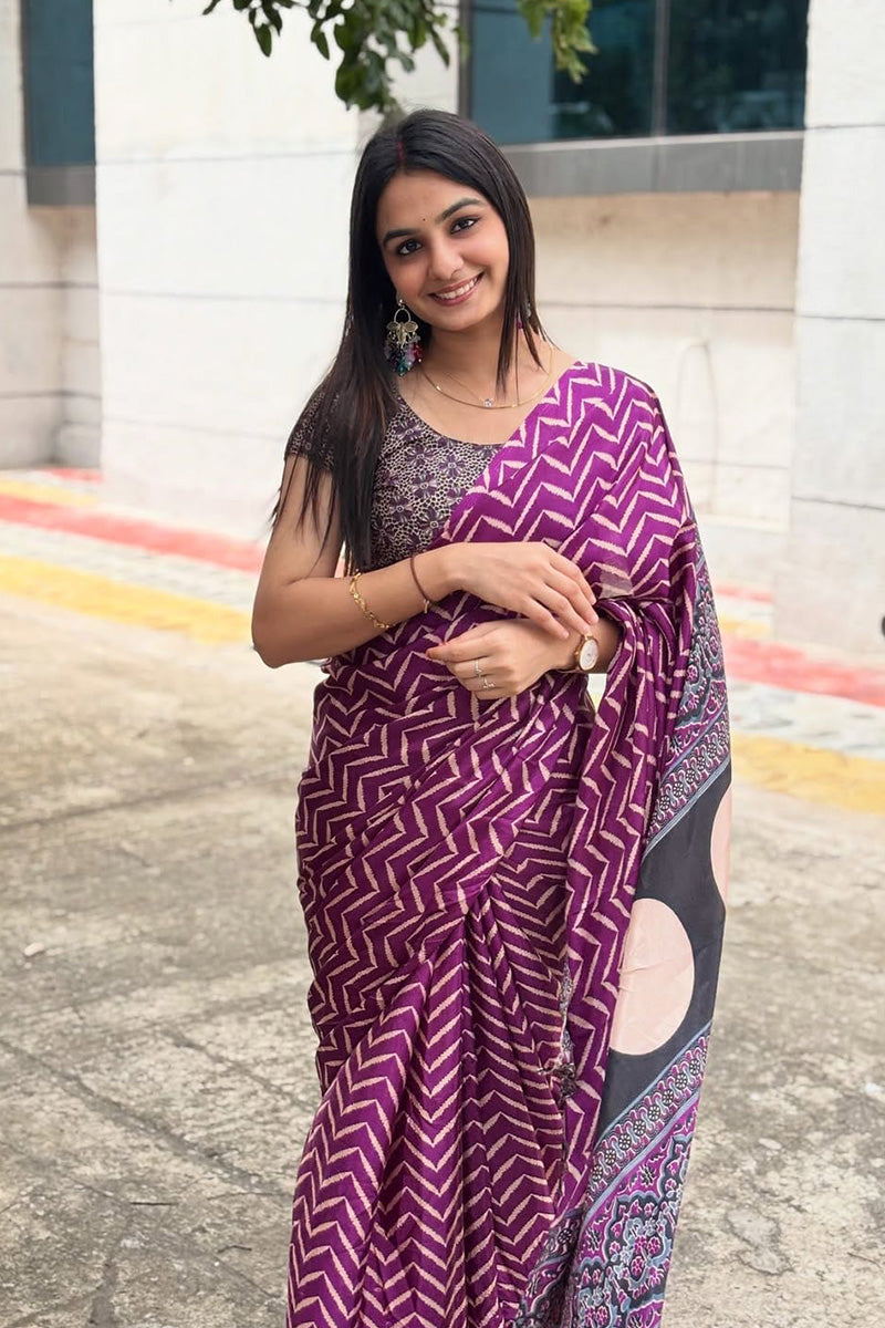 Moiety Purple 1 Minute Ready To Wear Digital Printed Crape Silk Saree