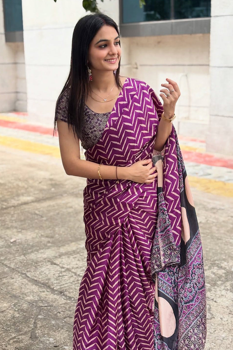 Moiety Purple 1 Minute Ready To Wear Digital Printed Crape Silk Saree