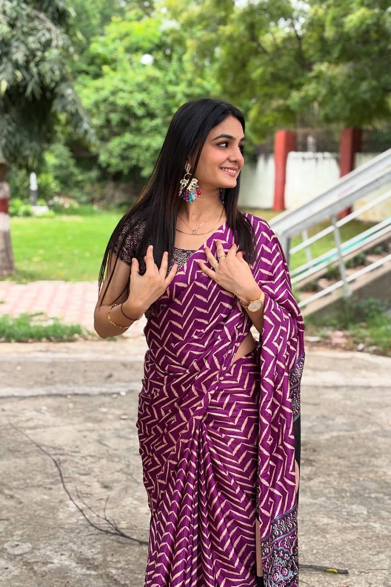 Moiety Purple 1 Minute Ready To Wear Digital Printed Crape Silk Saree