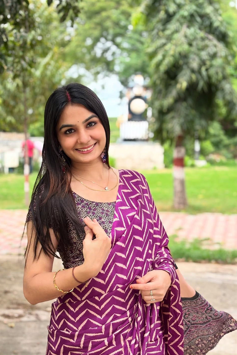 Moiety Purple 1 Minute Ready To Wear Digital Printed Crape Silk Saree