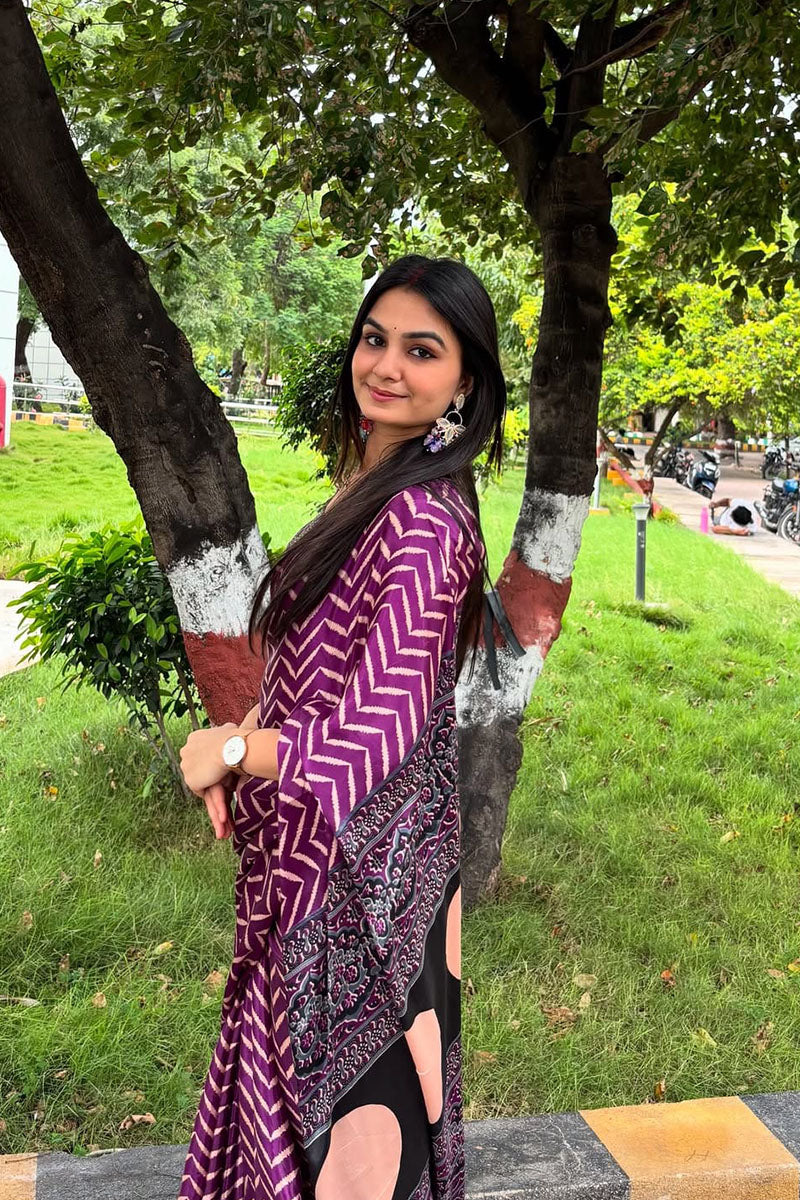 Moiety Purple 1 Minute Ready To Wear Digital Printed Crape Silk Saree