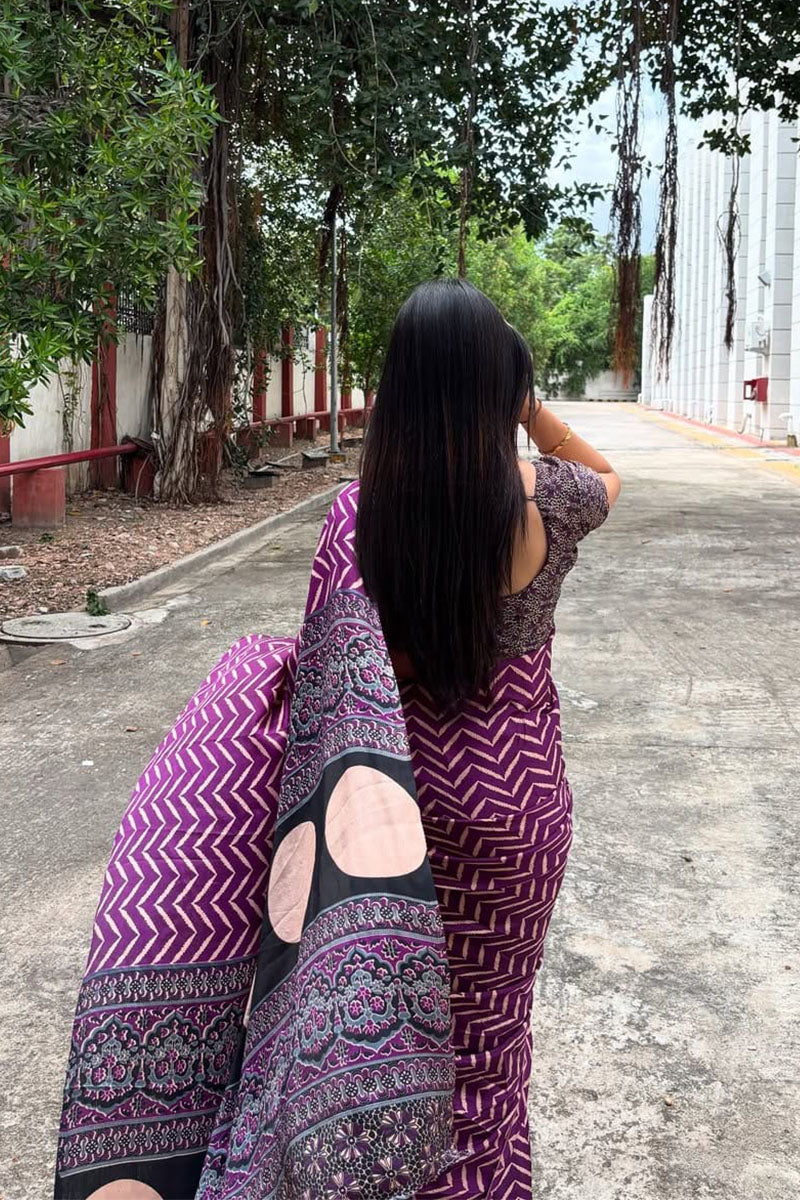 Moiety Purple 1 Minute Ready To Wear Digital Printed Crape Silk Saree