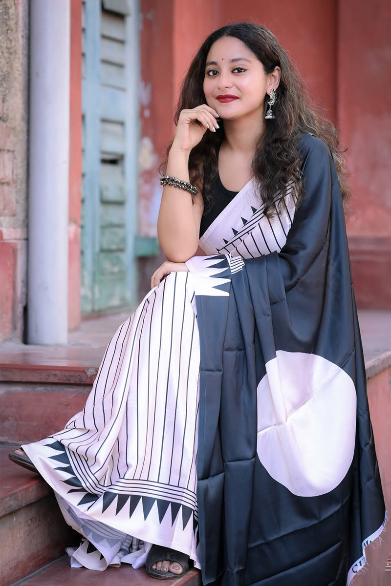 Preferable White 1 Minute Ready To Wear Digital Printed Crape Silk Saree