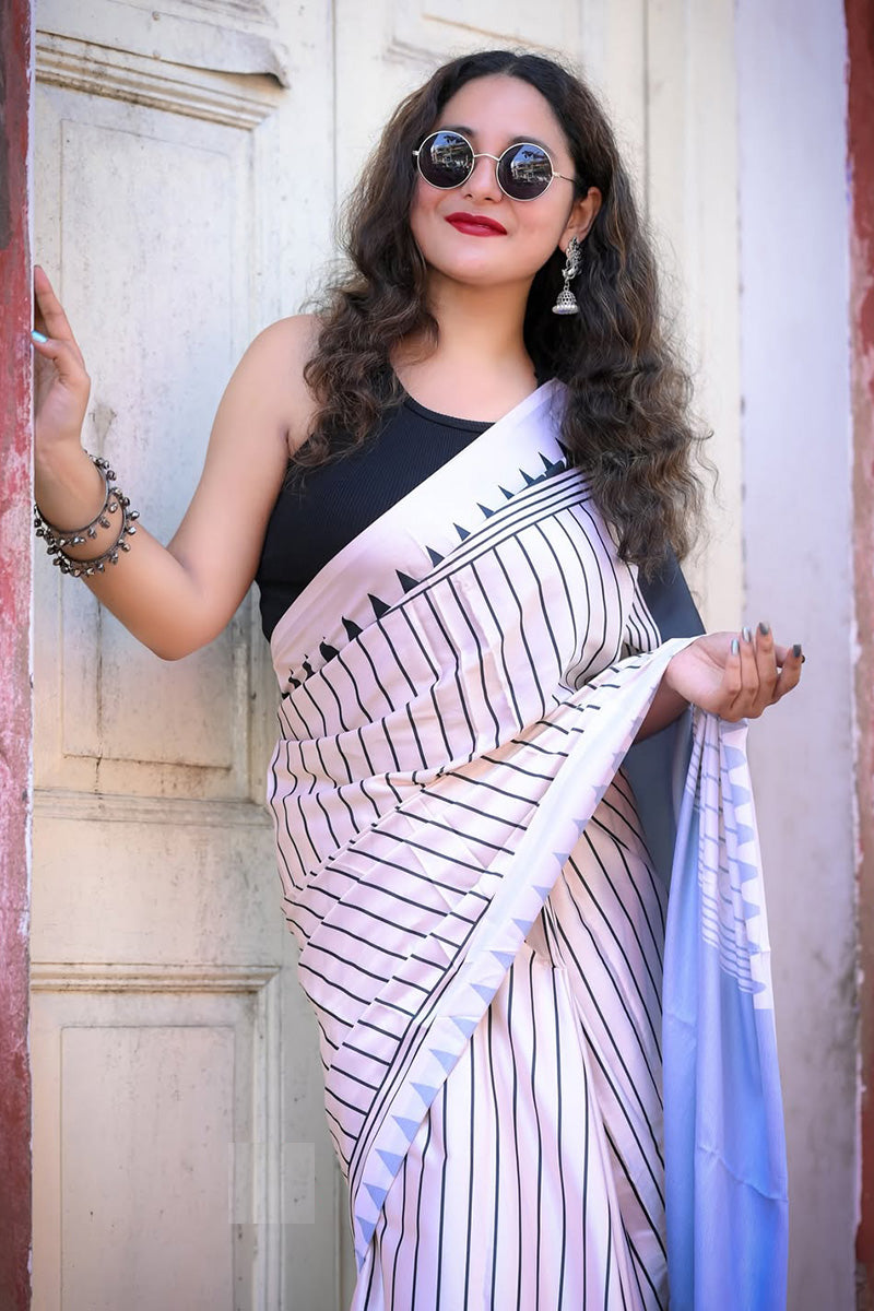 Preferable White 1 Minute Ready To Wear Digital Printed Crape Silk Saree