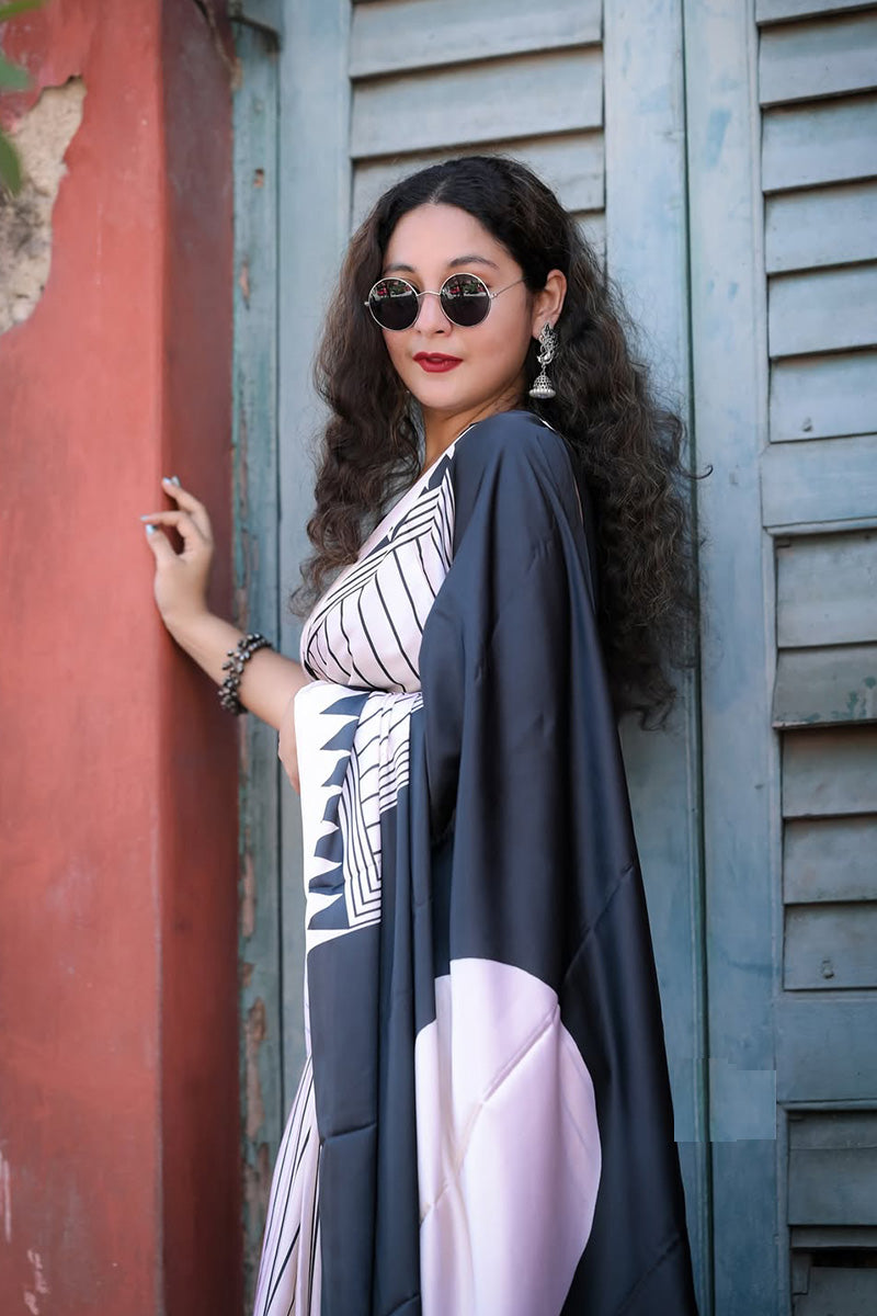 Preferable White 1 Minute Ready To Wear Digital Printed Crape Silk Saree