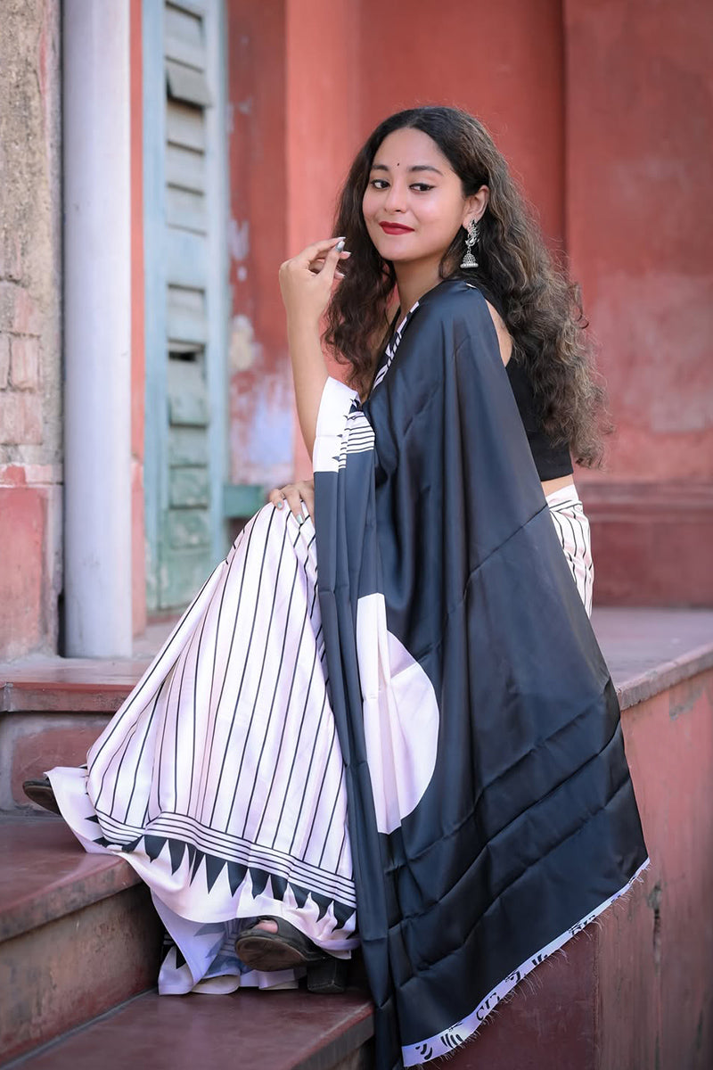 Preferable White 1 Minute Ready To Wear Digital Printed Crape Silk Saree