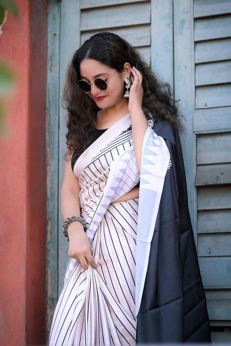 Preferable White 1 Minute Ready To Wear Digital Printed Crape Silk Saree