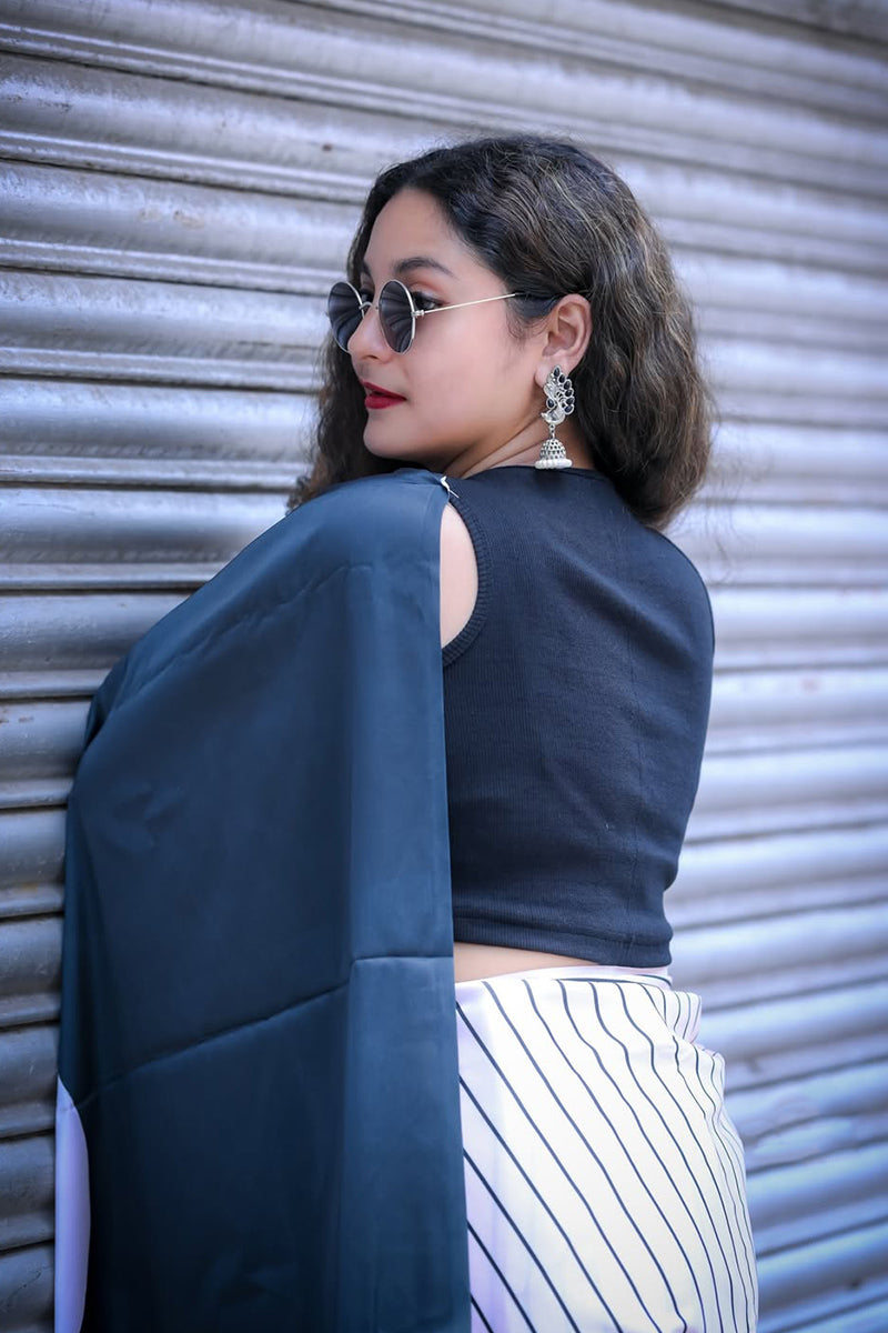 Preferable White 1 Minute Ready To Wear Digital Printed Crape Silk Saree