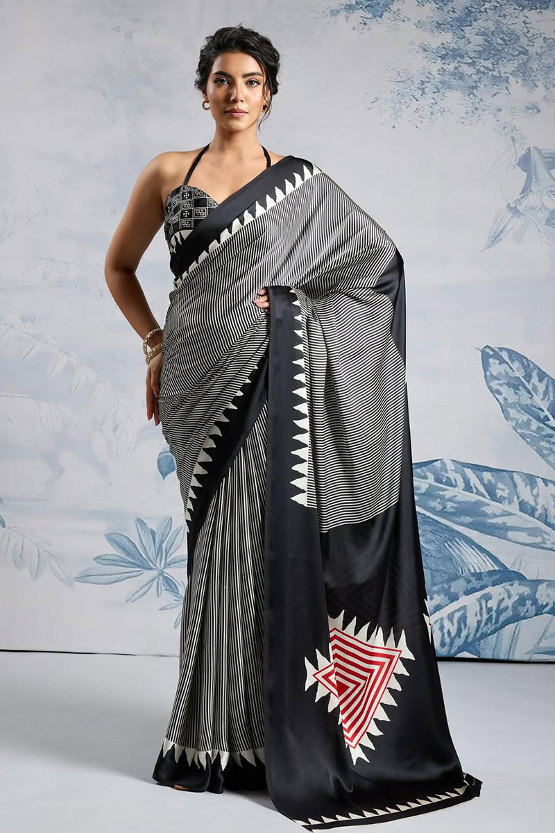 Surpassing Black 1 Minute Ready To Wear Digital Printed Crape Silk Saree
