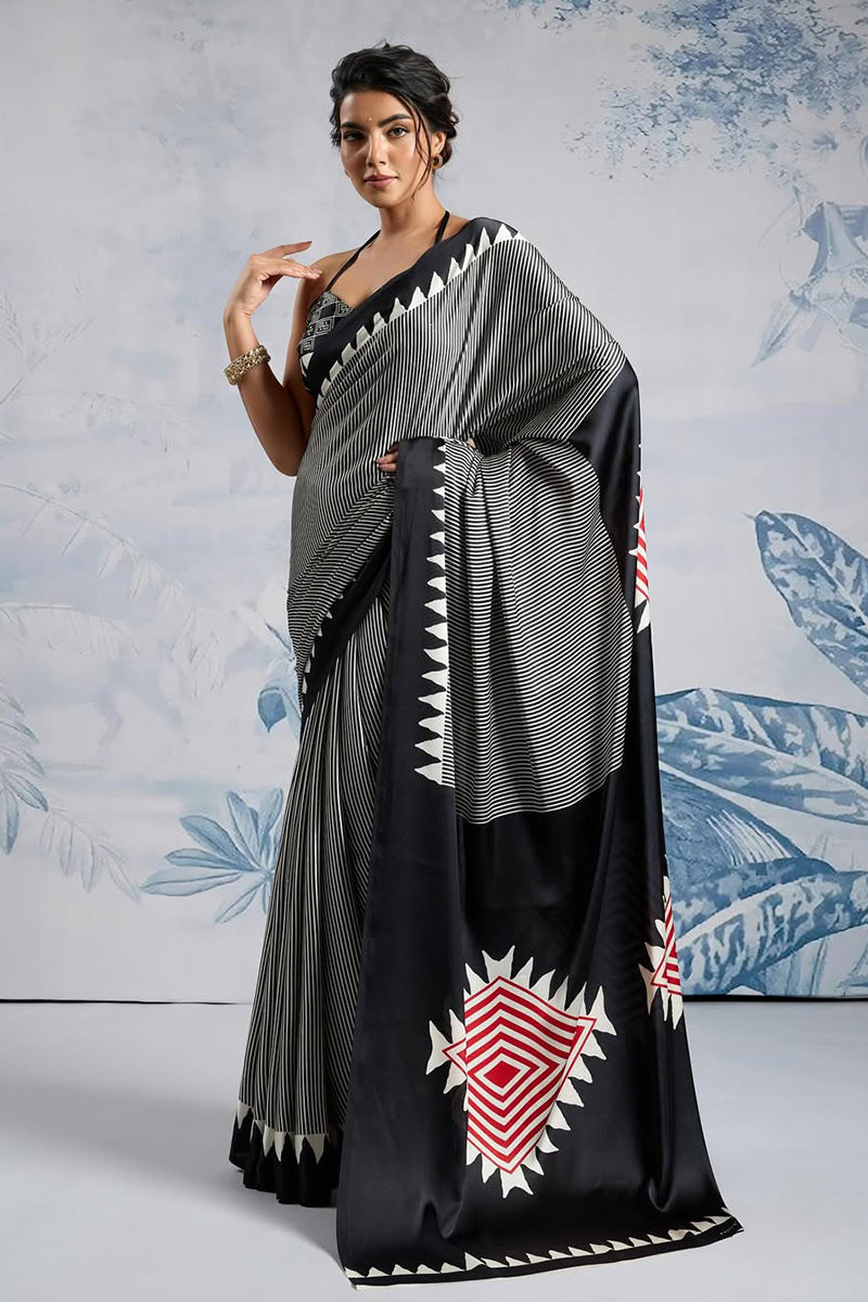 Surpassing Black 1 Minute Ready To Wear Digital Printed Crape Silk Saree