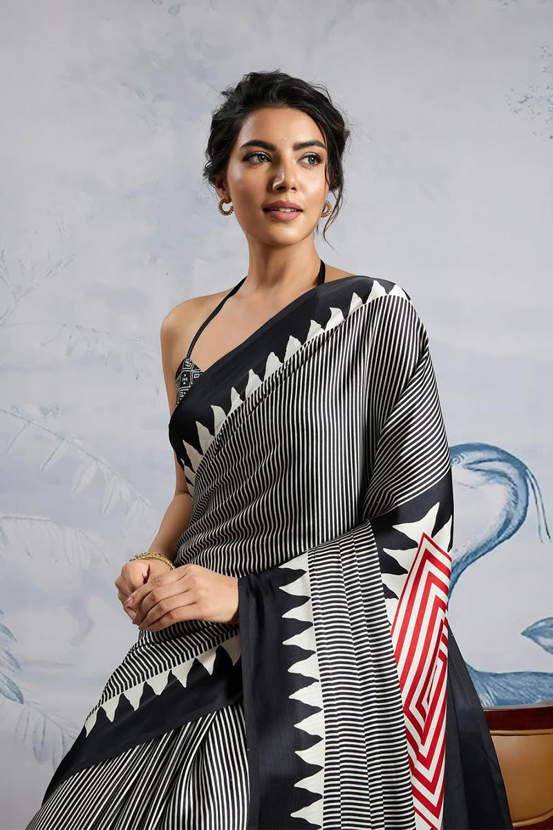 Surpassing Black 1 Minute Ready To Wear Digital Printed Crape Silk Saree